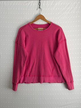 Seven7 Womens L Waffle Knit Thermal Pullover Top Hot Pink Thumbhole Crewneck